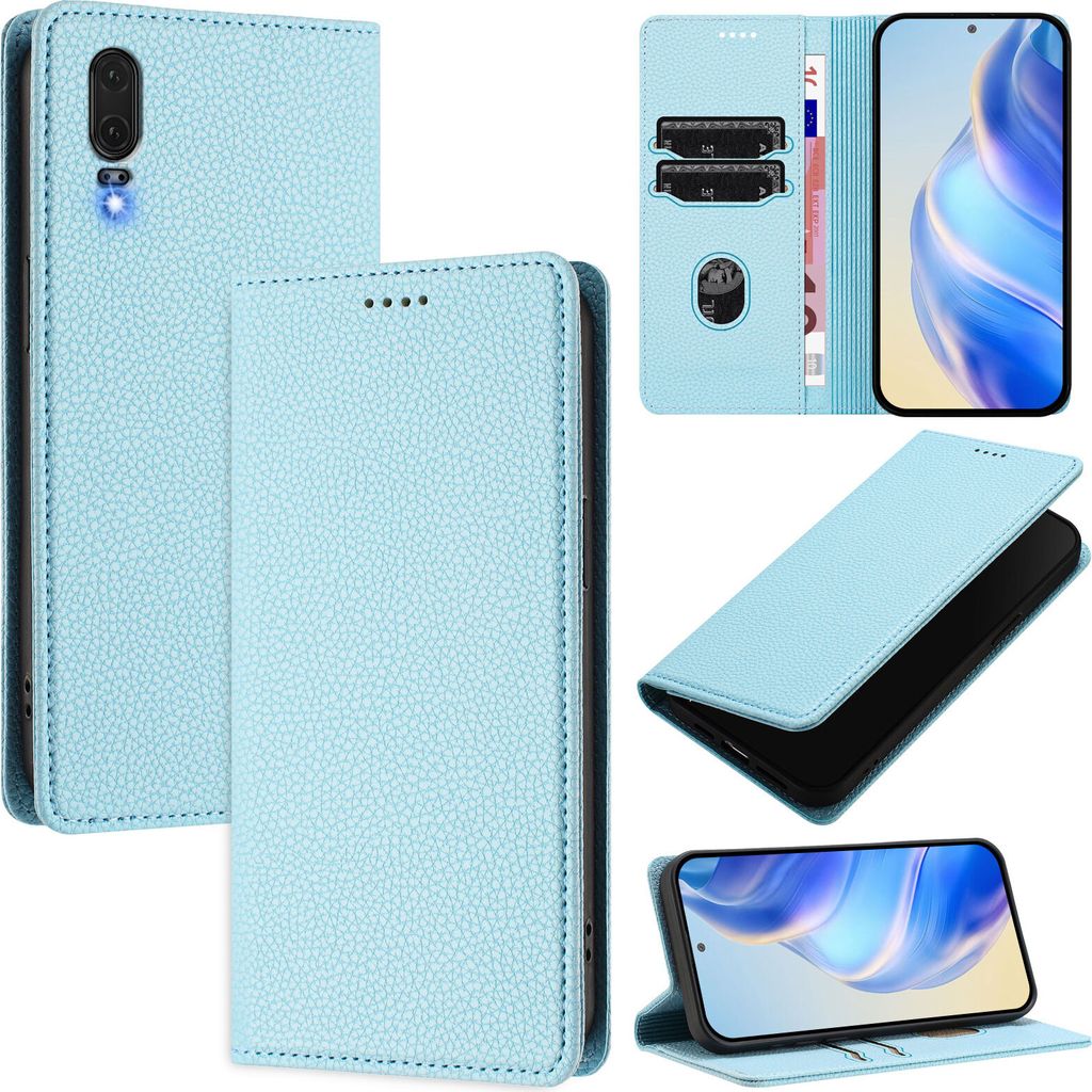 Litchi Leder Handyhülle für Huawei P20 Wallet Kartenfächer Standfunktion Hülle Hellblau