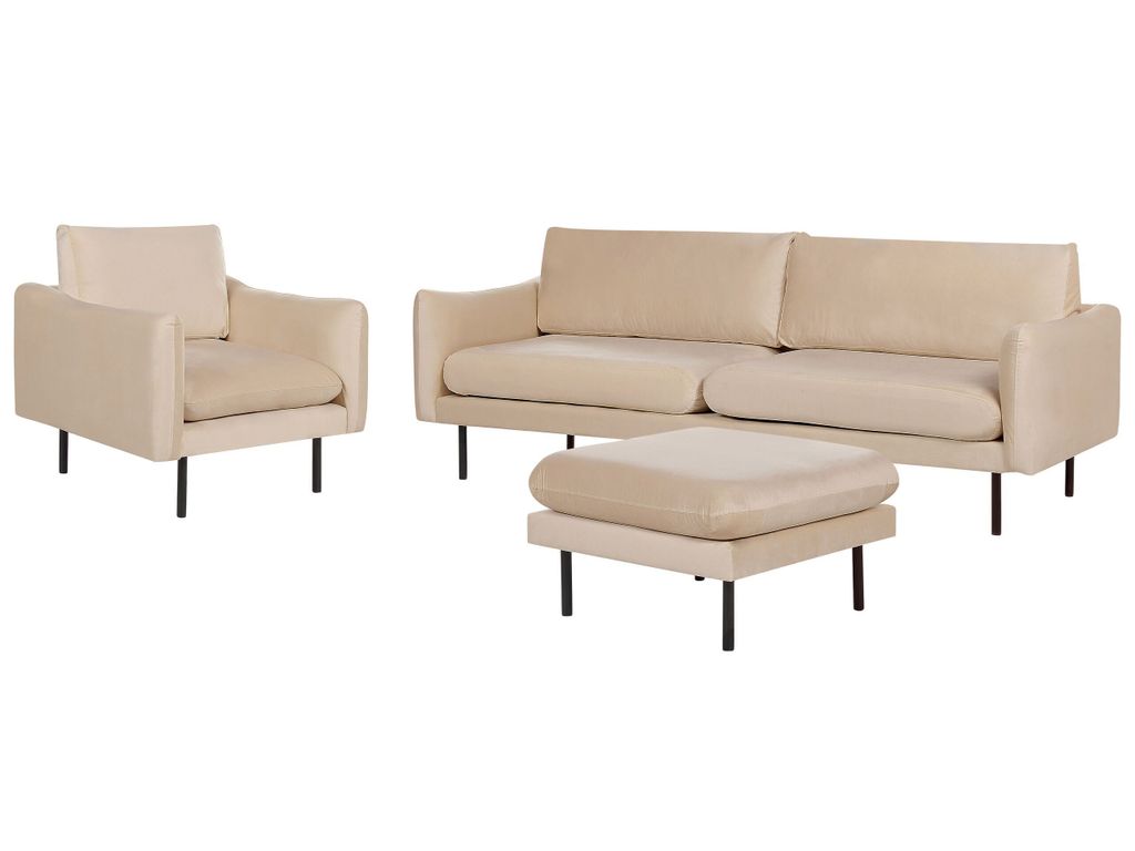 BELIANI Sofa Set Beige Samt 3-Sitzer Sofa und Sessel mit Ottomane Hohe Schwarze Metallfüße Dicke Sitzkissen Schmale Armlehnen Lose Rücken- & Sit...