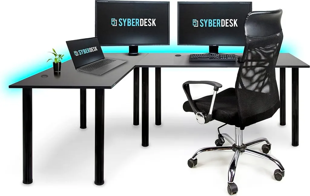 SyberDesk Gaming Pro Bureau d'angle LED 197x132 cm avec HUB USB Noir Gauche