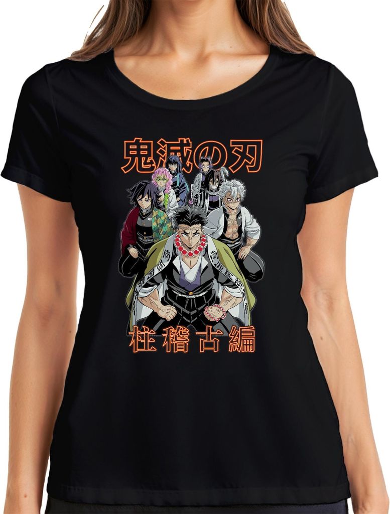 Kimetsu no Yaiba Hashira Dämonenjäger Anime Geschenk Japan Y2K Streetwear Damen T-Shirt, Schwarz, S