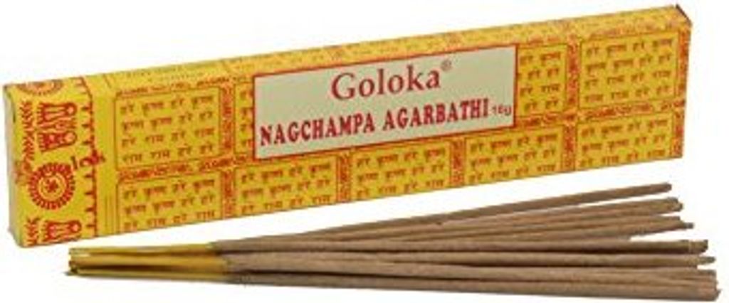 A box of Goloka Nag Champa Agarbathi incense sticks with a bundle of sticks in front of it.