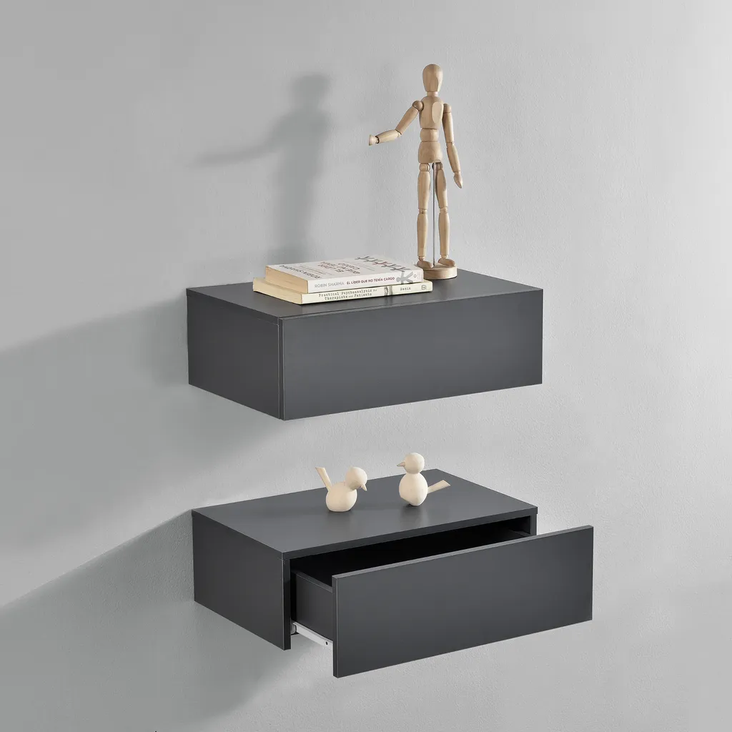 2 Mensole da Parete Oslo Grigio Scuro 46x30x15cm con Cassetto