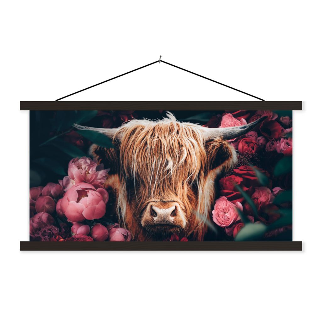 MuchoWow Textilposter Kuh - Schottischer Hochländer - Blumen - Botanisch 150x75 cm mit schwarzem Rahmen - Posterleiste
