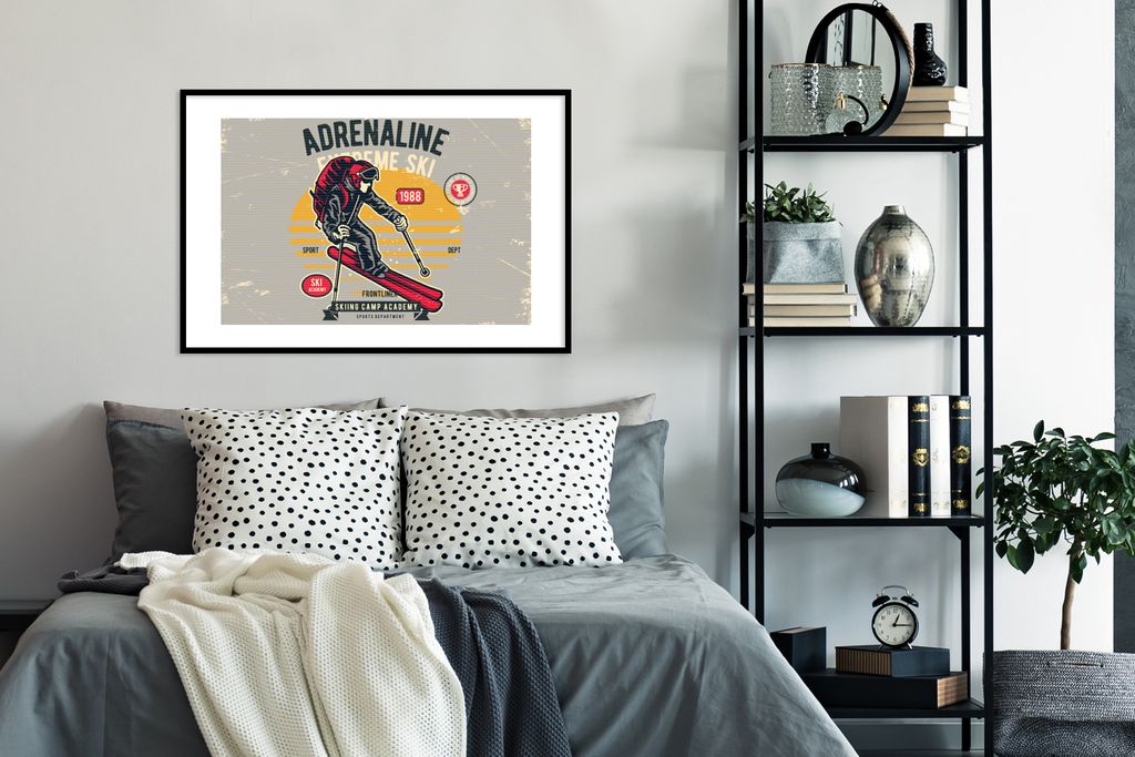 MuchoWow MuchoWow Gerahmtes Poster Ski - Grau - Vintage 90x60 cm - Poster mit zchwarzem Bilderrahmen - Wanddekoration - Fotos