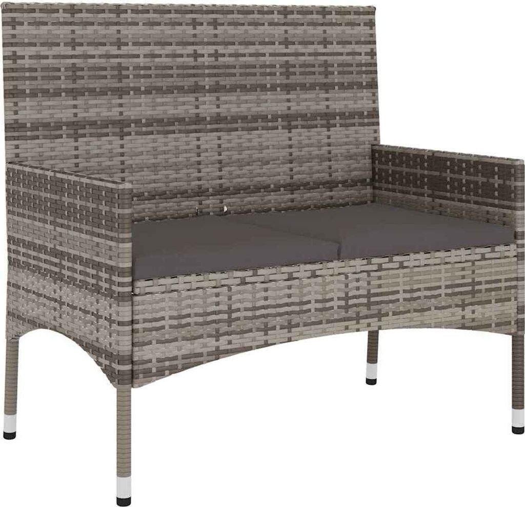 A studio shot of a two-seater garden bench with cushions.