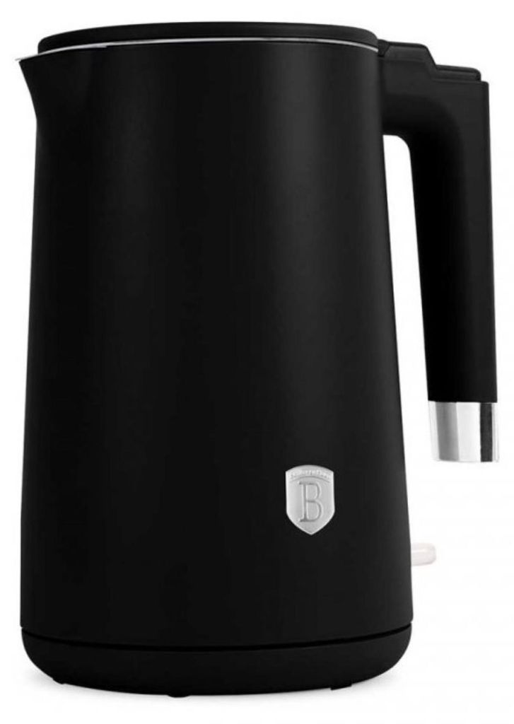 A black electric kettle with a silver logo on a white background.