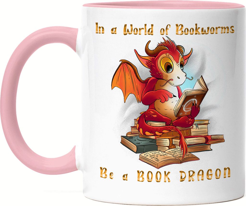 Bookworm? Please, I Am A Bookdragon Tasse Rosa Buch Lesen Bücherwurm Drachen Bildung Bücher