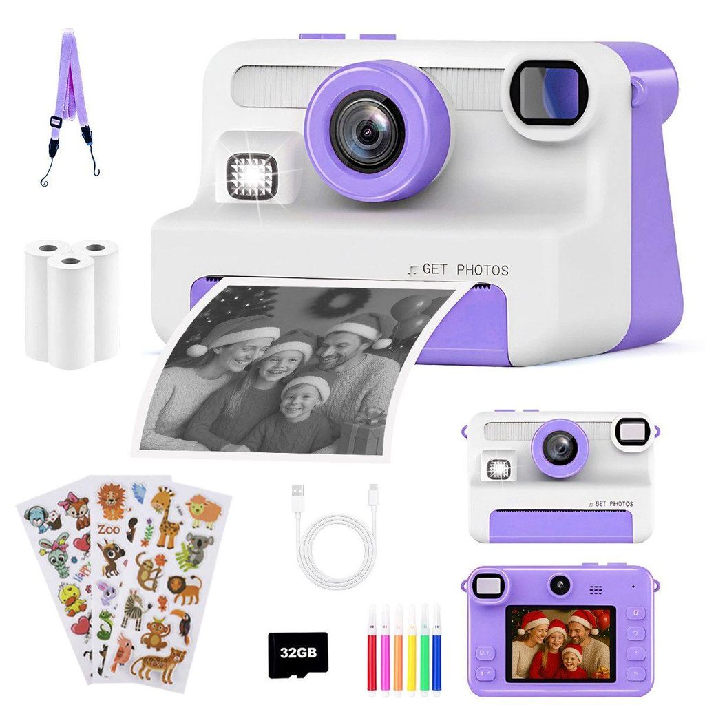 Kinderkamera Sofortbildkamera,1080P 2,4" Display Digitalkamera Kinder Kinderkamera 30MP Sofortbildkamera Kinder mit 32GB Karte & 3 Rollen Druckpapier