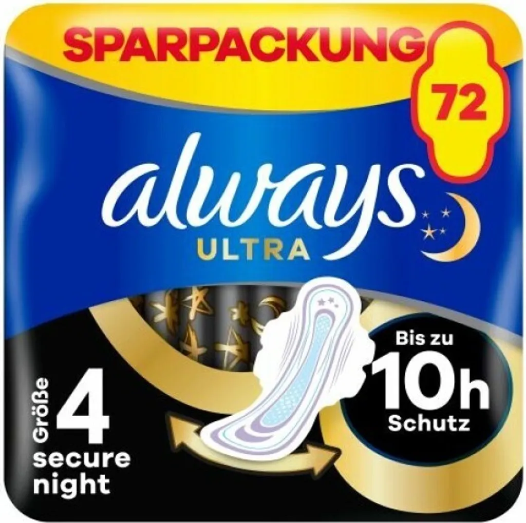 Always Ultra Secure Night Ailettes : 72 Serviettes Protection Max 9H