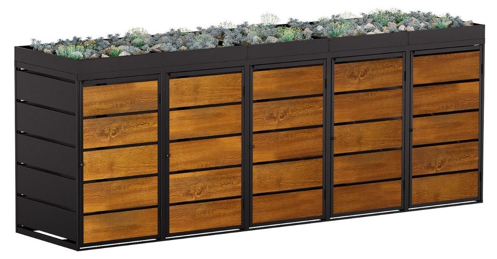 Mülltonnenbox Edgar 5er 240 Liter in Anthrazit mit Holzdekorfront