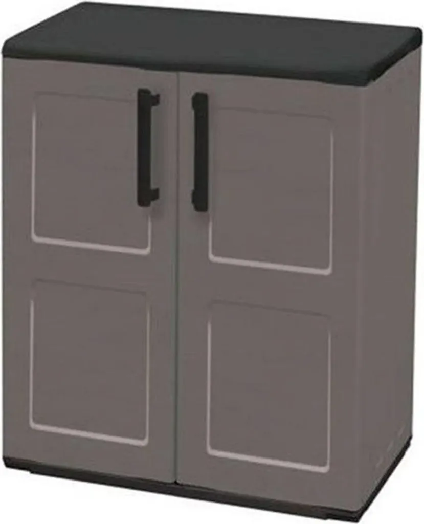 Petit meuble de rangement bas gris 2 portes pour garage ou balcon