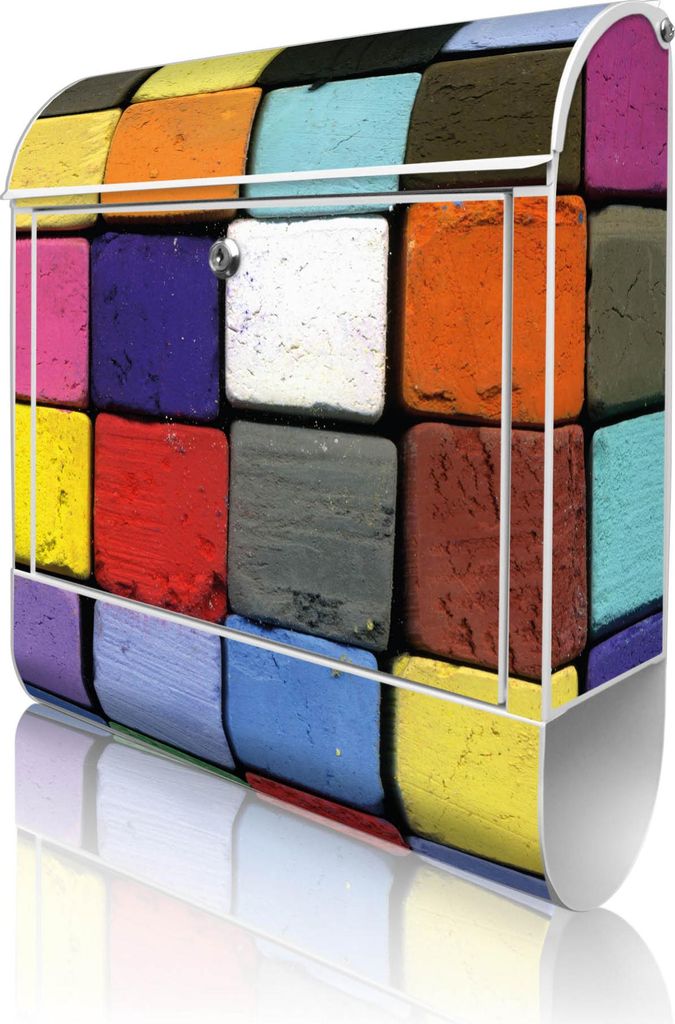 banjado Design Briefkasten Stahl weiß mit Zeitungsfach pulverbeschichtet "Bunte Kreide" 38x46x12,5cm & 2 Schlüssel - Postkasten A4 Einwurf inkl. ...