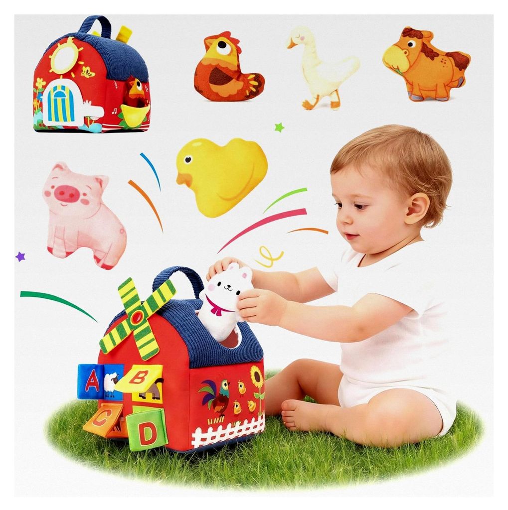 Montessori Spielzeug für Babys ab 6 Monaten, Bauernhoftiere mit Sensorik, Spiegel, Krepppapier, Buchstaben, Lernspielzeug zur Förderung der Motor...