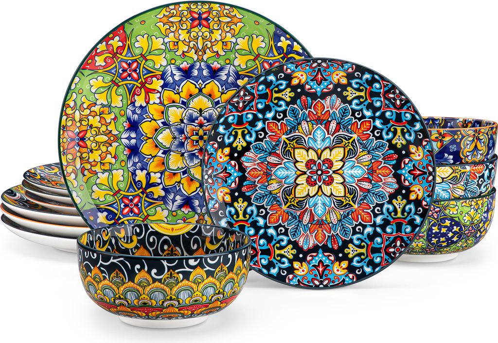 Tafelservice 4 Personen, 12-tlg Kombiservice aus Porzellan, Geschirr-Set mit Speiseteller, Dessertteller und Schalen, böhmischer Stil