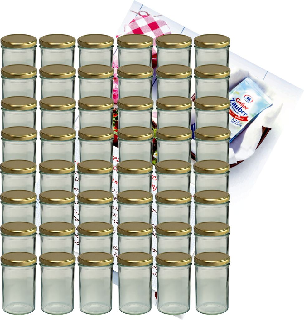 A collection of glass jars with golden lids, arranged in rows, with a small recipe booklet in the background.