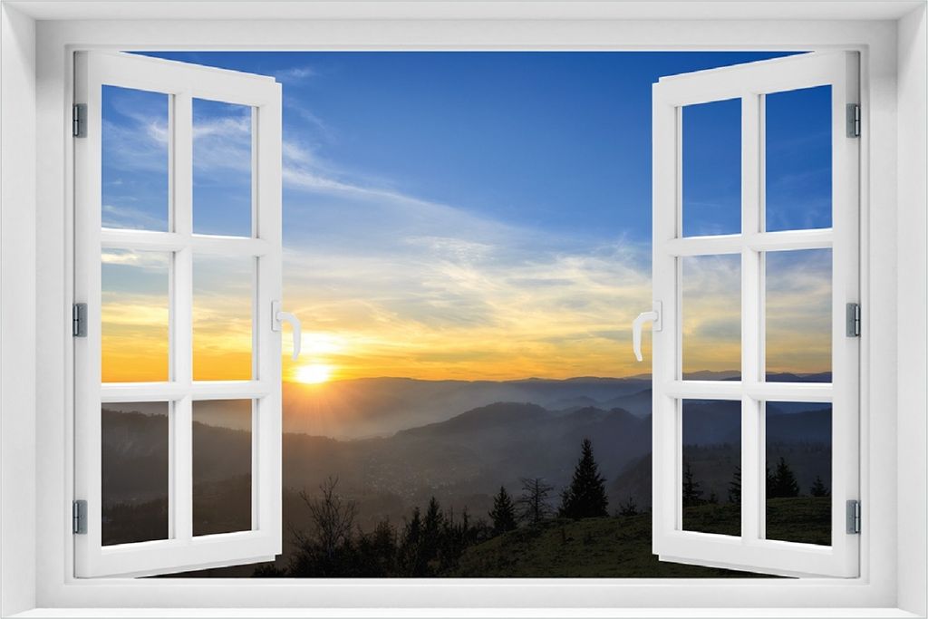 Wallario Poster mit Fenster-Illusion: Sonnenaufgang über dem Schwarzwald, Größe: 100 x 150 cm