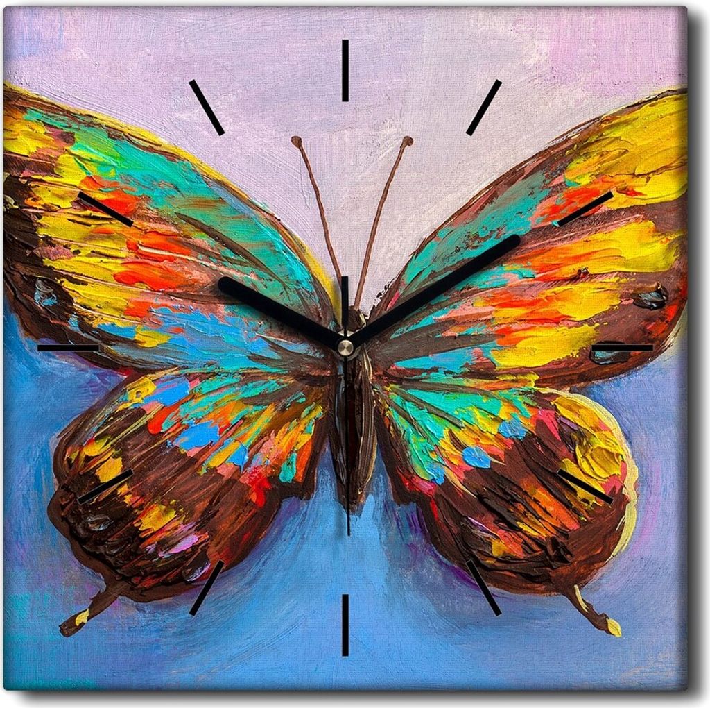 Coloray Uhr auf Leinwand 30x30 cm Wand Uhr Dekoration Wohnzimmer Segeltuch schwarze Hände -Schmetterlings-Insektenflügel.