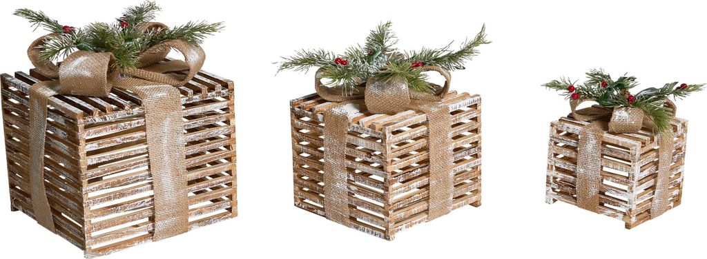 BELIANI LED Weihnachtsdekoration Geschenk 3er Set Braun Tannenholz mit Schleife Zierschmuck Dekofigur für Tisch Innenbereich Flur Wohn- und Schlaf...