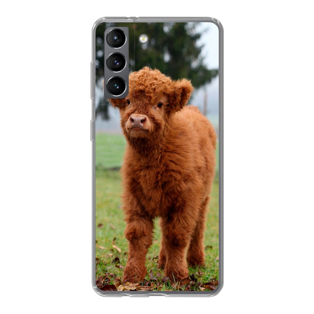 MuchoWow Handyhülle Schutzhülle Hülle für Samsung Galaxy S21 Scottish Highlander - Kalb - Gras Silikon Softcase Handy Hülle - Softcase