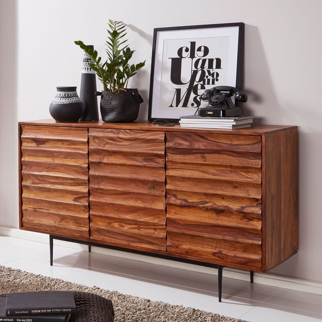 FineBuy Sideboard Sheesham Massivholz 150 cm mit 3 Türen - Massive Retro Kommode mit 3D Haptik - Design Natur Anrichte - Handdustrial