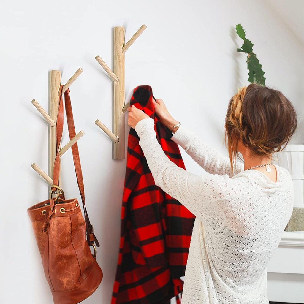 Robuste Holzgarderobe und Hutständer mit 8 Haken - Set von 2