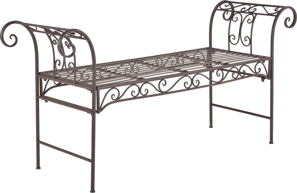 A metal garden bench with ornate scrollwork.