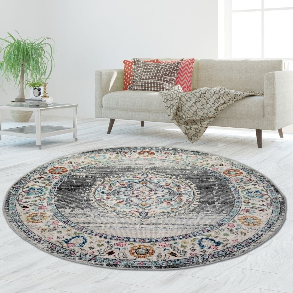 Teppich Orient Outdoor Vintage in grau blau Größe - 120 cm Rund