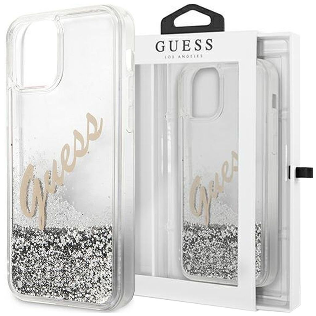 Guess Apple iPhone 12 Pro Max Silber Glitter Vintage Script Produktbild 