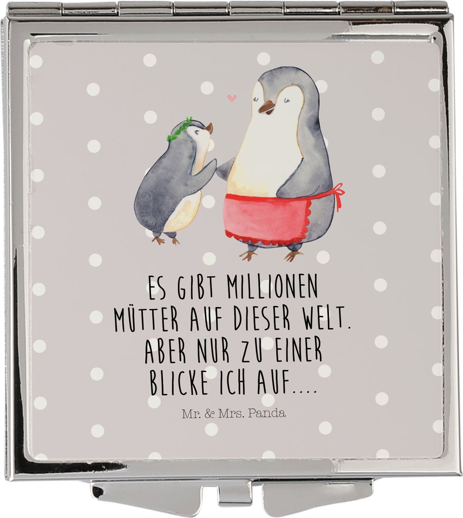 Mr. & Mrs. Panda Frauen Spiegel Pinguin mit Kind - Grau Pastell - Geschenk, Schminkspiegel, Kosmetikspiegel, Klappspiegel, Handspiegel, Mutter, Mom...