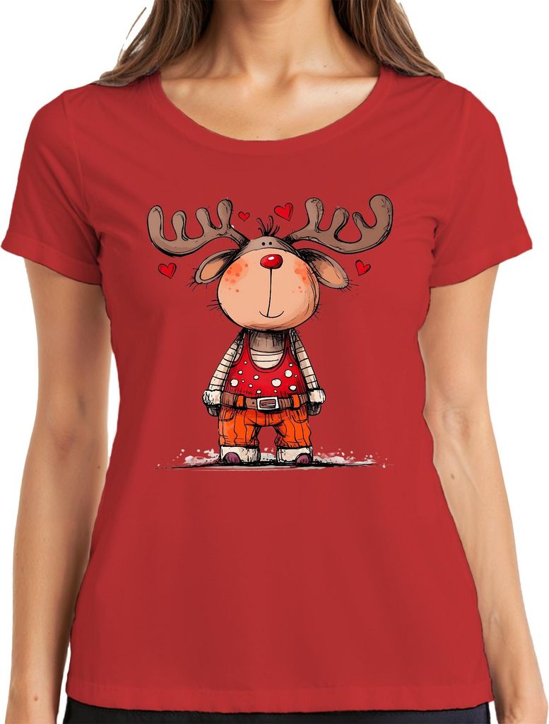 Niedliches Rentier rote Nase Herzen Weihnachten Geschenk Cartoon Damen T-Shirt, Rot, XL