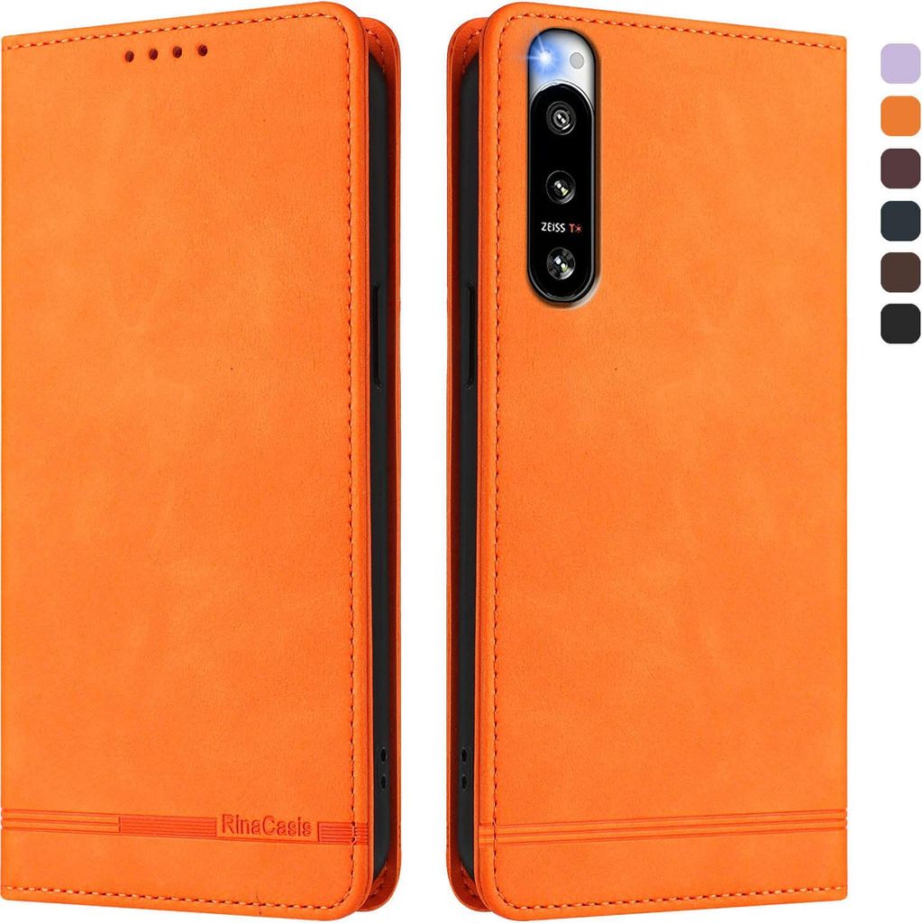 Hülle für Sony Xperia 5 IV, Retro Kunstleder Ständer Klapphülle mit Kartenfächer und Magnetische Orange