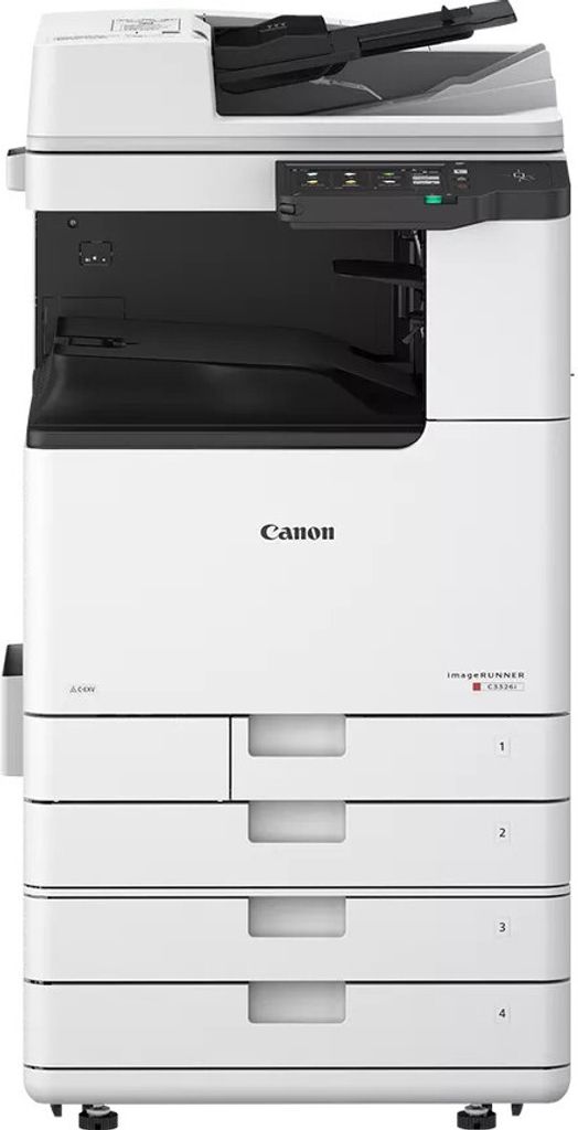 A front view of a white Canon imageRunner C3326i A3 3-in-1 color laser printer with drawers at the bottom.