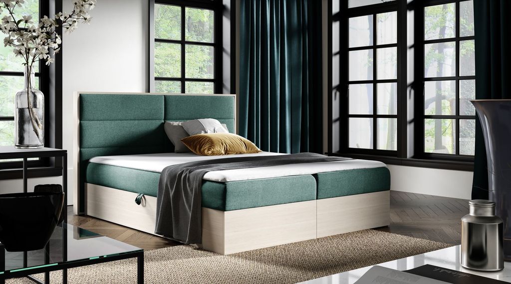 Kontinentales Bett 120x200 CHANTELLE 5 - nordisches Teakholz / Grün + GRATIS Matratzenauflage