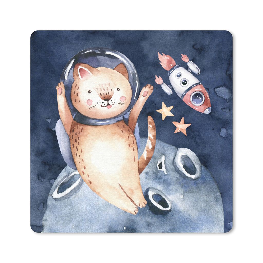 MuchoWow Mauspad Mousepad Weltraum - Rakete - Katze - Kind - Jungen - Mädchen - Kinder 20x20 cm - Mousepads - Maus Mat - Pad - Mausunterlage - D...