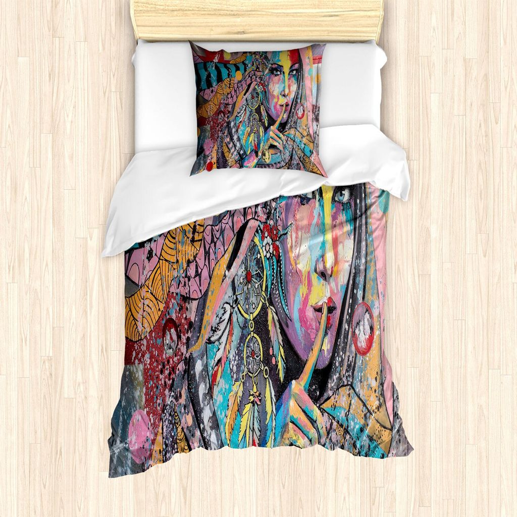 ABAKUHAUS Moderne Kunst Bettbezug Set, Sexy Girl mit Tribal Dreamcatcher und Ethnic Murky Oriental Bohemian Paint, 135 x 200 cm + 80 x 80 cm, Mehrf...