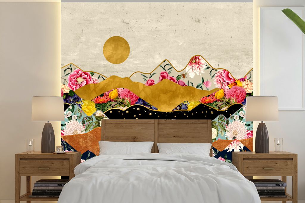 MuchoWow Fototapete für Wohnzimmer oder Schlafzimmer Wandtapete Vinyl Motivtapete Gold - Blumen - Druck - Abstrakt - Landschaft - Muster - 280x2...