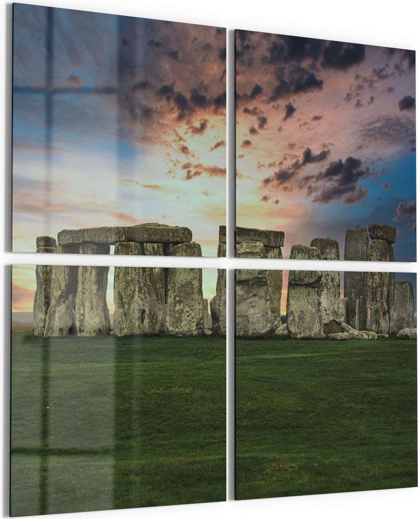 DEQORI Glasbild Echtglas 4x50x50 cm 'Stonehenge bei Dämmerung' Wandbilder XXL groß