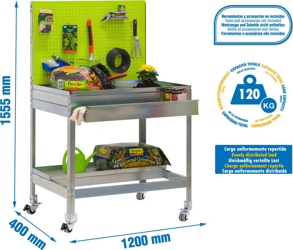 SIMONGARDEN BT2 BOX MOB Werkbank. 1200x400 GRÜN/VERZINKT