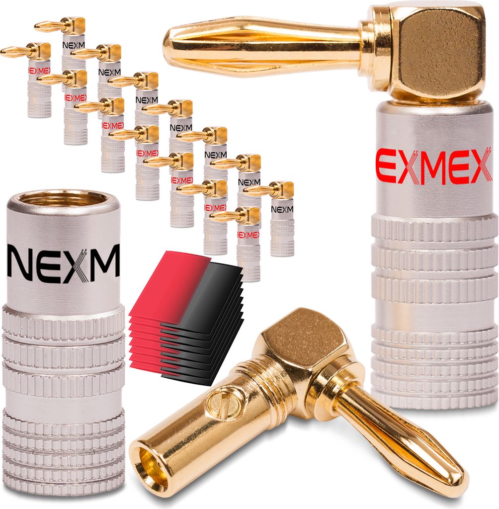 16x High End NEXMEX Winkel Bananenstecker Schrumpfschlauch 24K vergoldet Banana