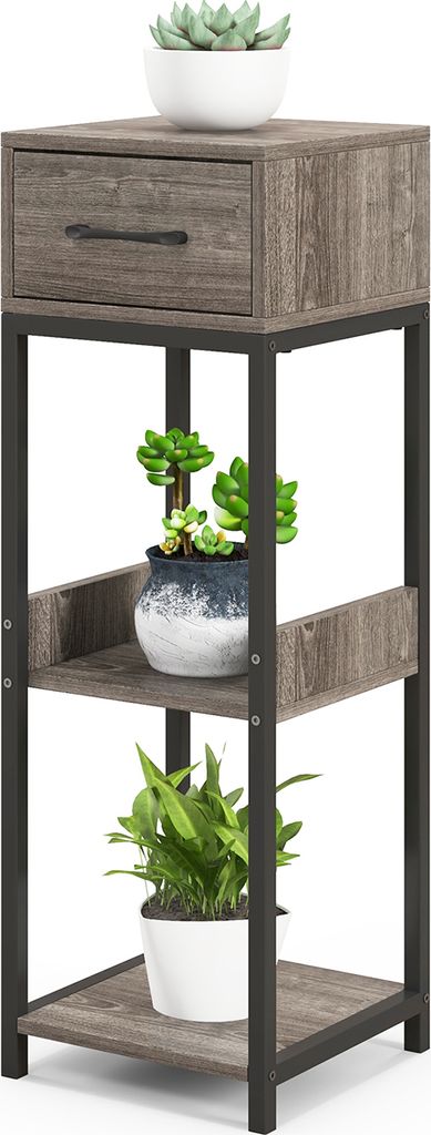 A three-tiered plant stand with a drawer, featuring plants on each shelf.