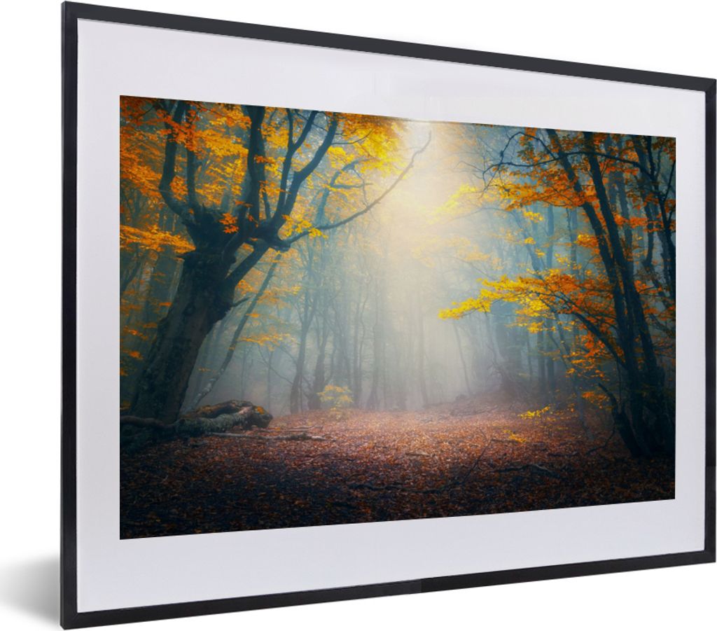 MuchoWow Gerahmtes Poster Wald - Nebel - Herbst 40x30 cm - Poster mit Schwarzem Bilderrahmen Wandposter Rahmen Foto Bilder - Bilderrahmen - Poste...