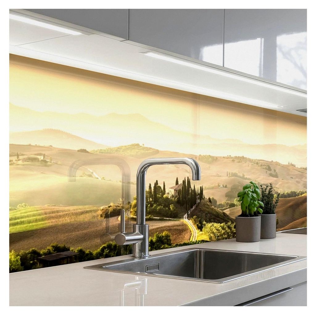 Küchenrückwand 80x300 cm Selbstklebend Spritzschutz Landschaft - Toskana - Morgenlicht