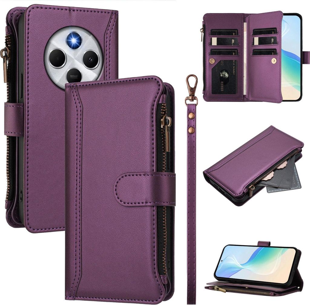 Handyhülle für Xiaomi Poco M7 5G Reißverschluss Geldbörse Kunstleder Klapphülle mit Kartensteckplatz, Ständer, Handschlaufe Lila