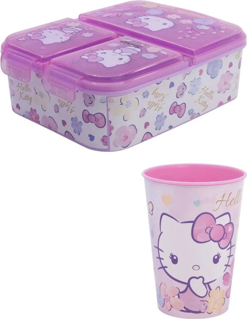 Hello Kitty 2 tlg. Lunch Set Brotdose mit 3 Kammern Trinkbecher 260 ml