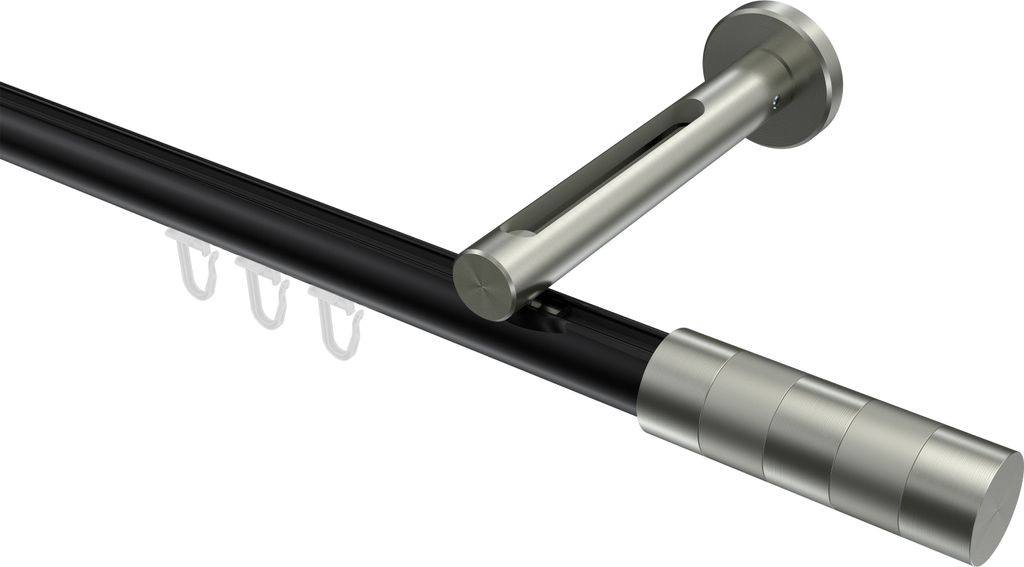 Interdeco Innenlaufstange / Gardinenstange mit Innenlauf Schwarz / Edelstahl-Optik, Typ Siteno Mavell (Zylinder Bicolor), 20 mm Ø 1-läufig, 160 cm
