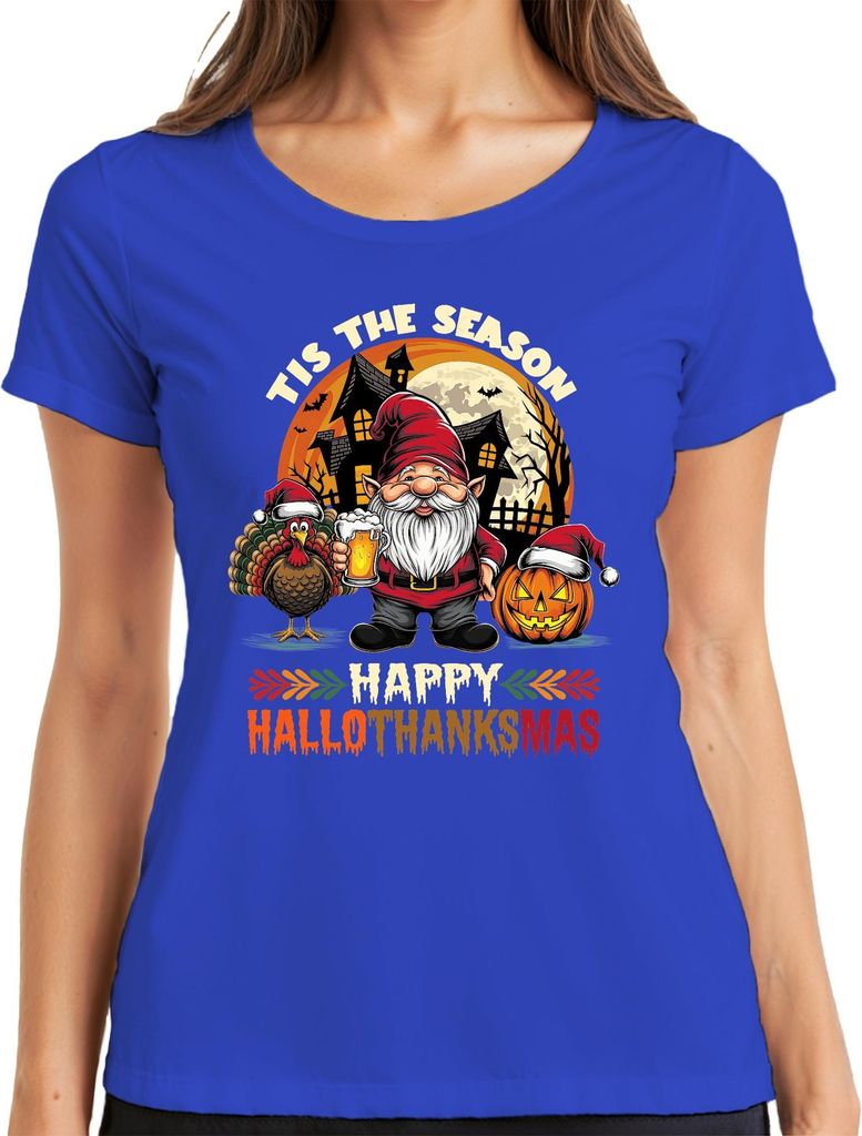 Happy Hallothanksmas Gnome Turkey Jack O Lantern Haunted Pumpkin Damen T-Shirt, Blau, XXL