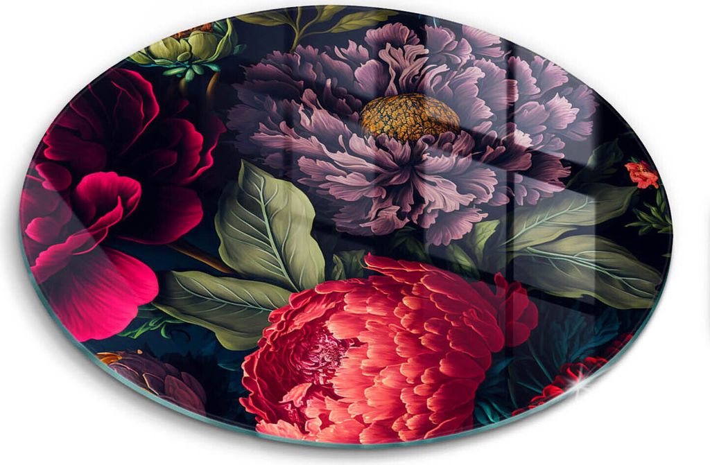 Glasschneideplatte - Herdabdeckplatte - fi30 cm -Schneidebrett - Spritzschutz - Schöne Blumen