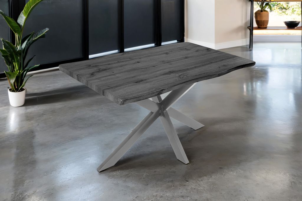 Esstisch 120x80 cm Baumkante Holz Grau-Optik Spider-Gestell Metall silber JOSY