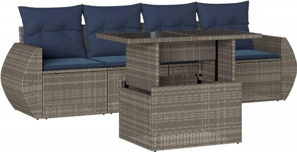 5-teiliges Gartensofa-Set mit Kissen, grau, Polyrattan