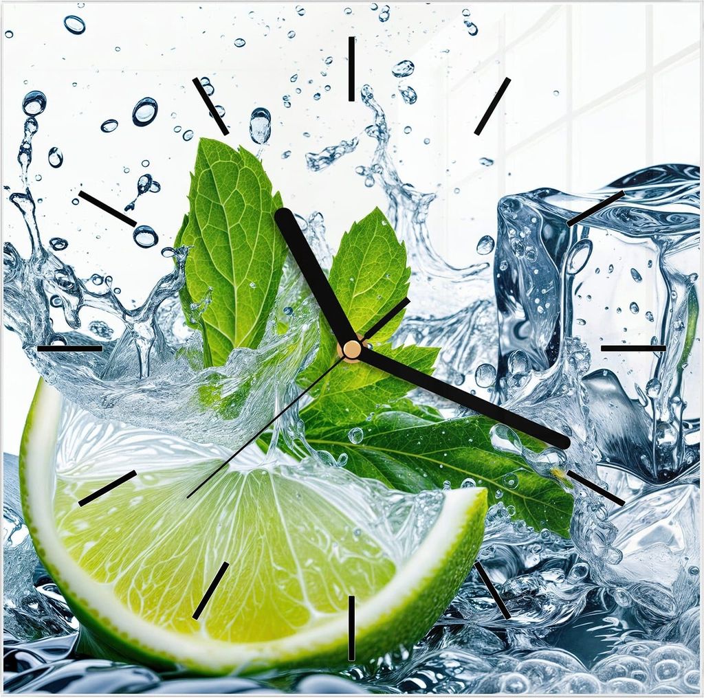 Wanduhr aus Glas mit Motiv Limettenspritzer- 30 x 30 cm - inkl. Aufhängesystem
